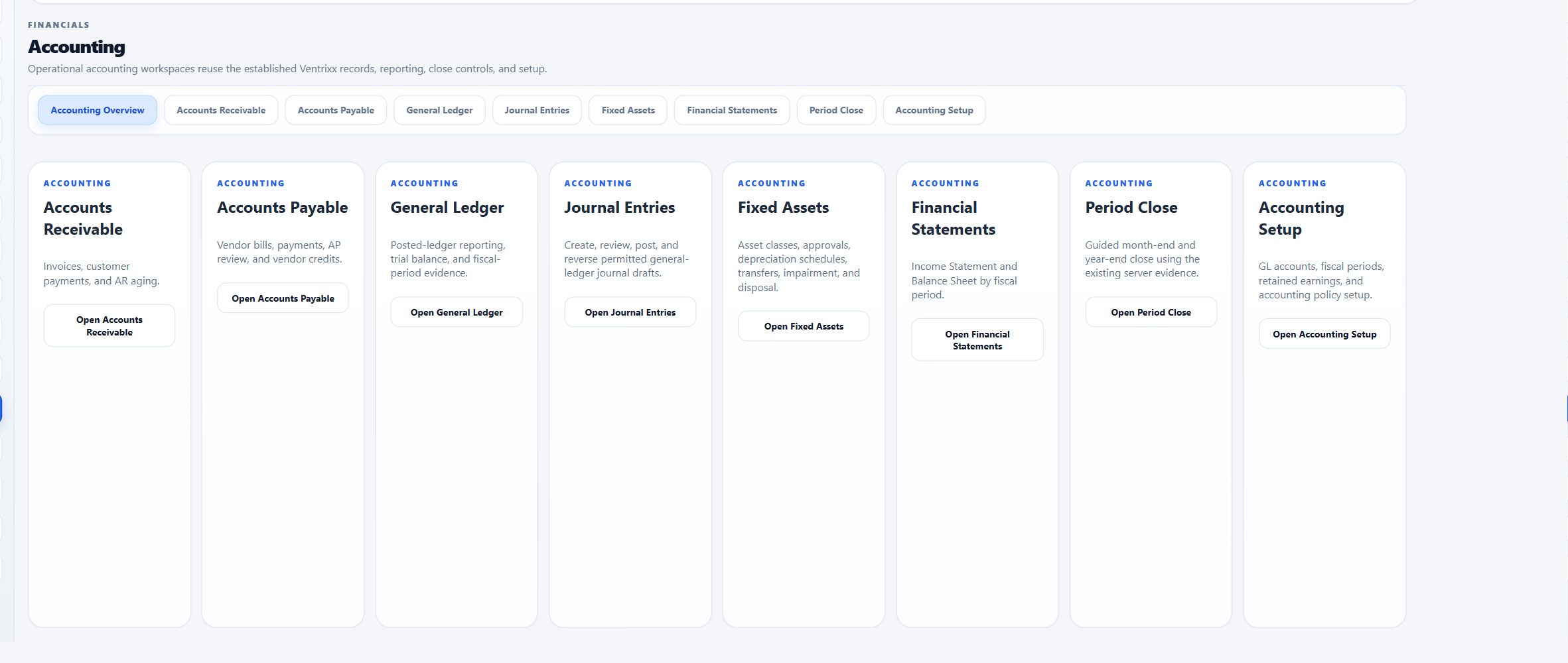 Ventrixx accounting overview showing seeded demonstration financial work areas